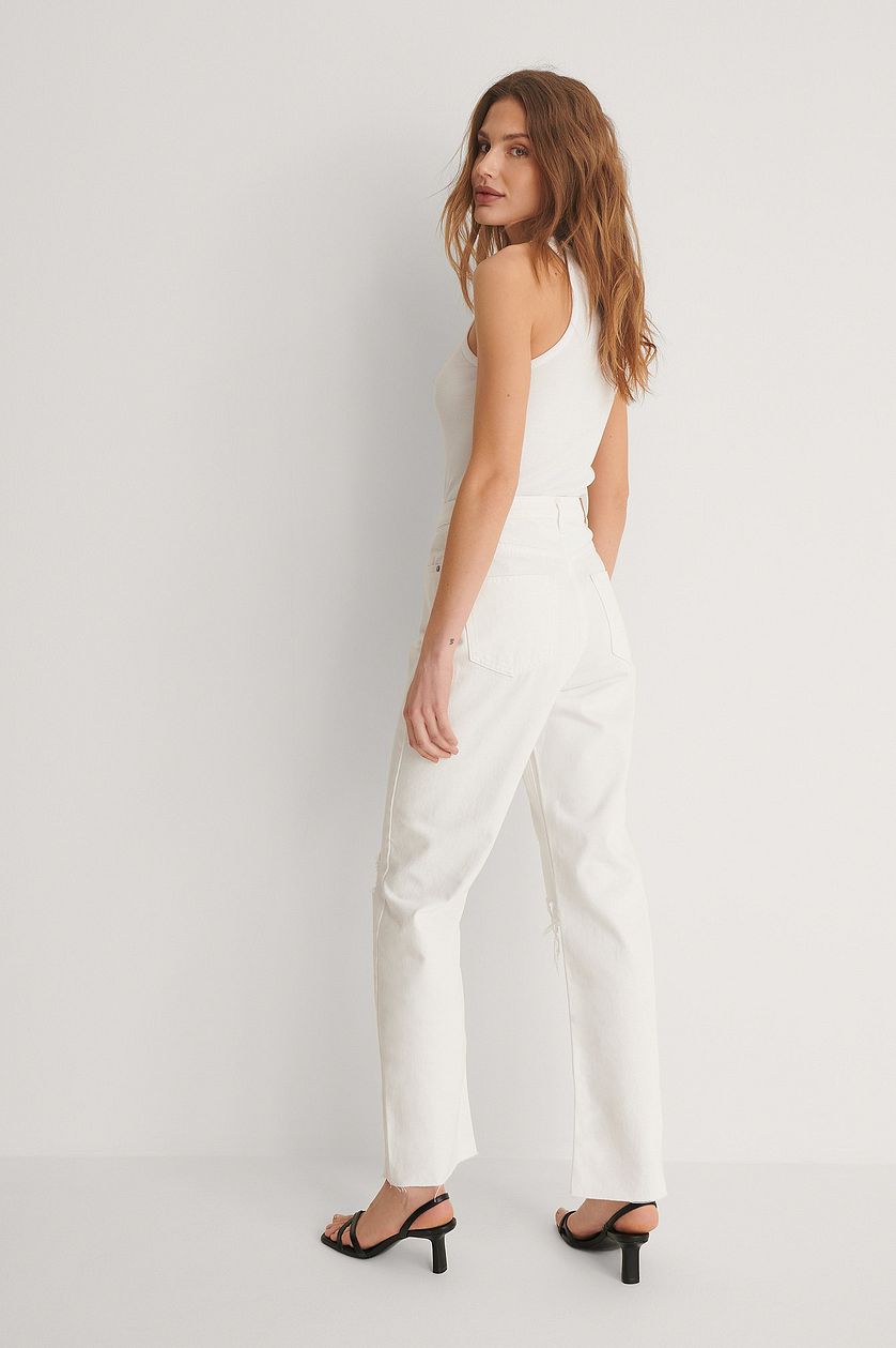 Straight High Waist Raw Hem Destroyed Jeans - DENIMS 
