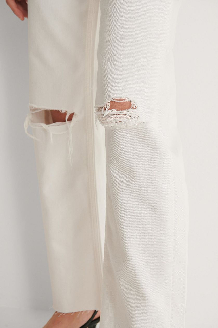 Straight High Waist Raw Hem Destroyed Jeans - DENIMS 