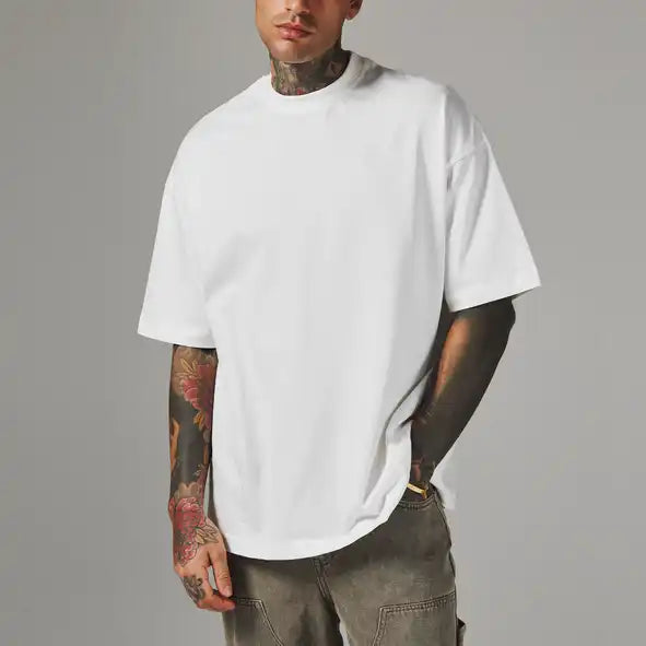 Plain White Oversized Men's T-shirt Dropped Shoulder Short Sleeves