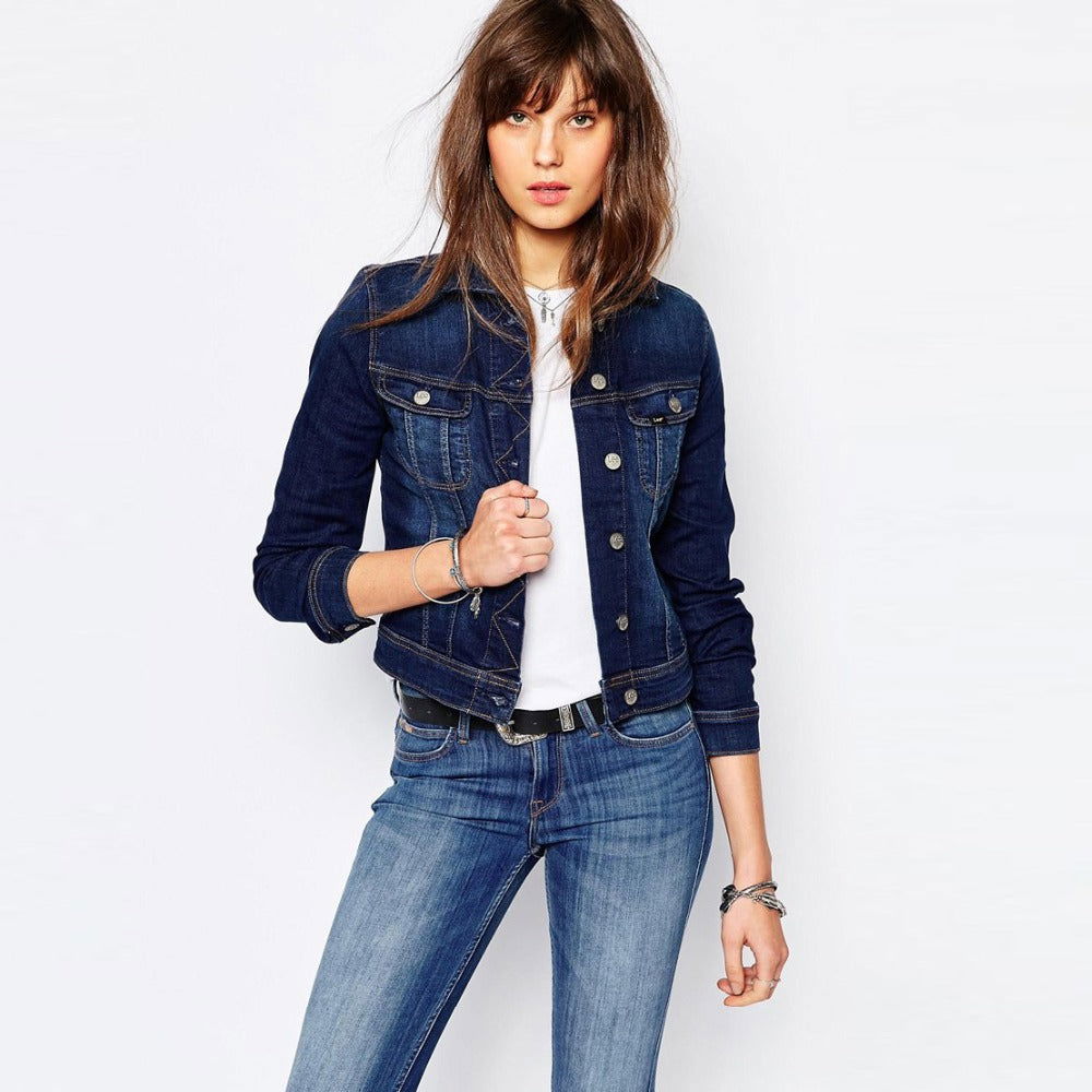 Navy blue denim jacket ladies best sale