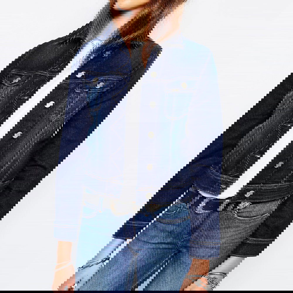 Women Dark Blue Solid Jacket - DENIMS 