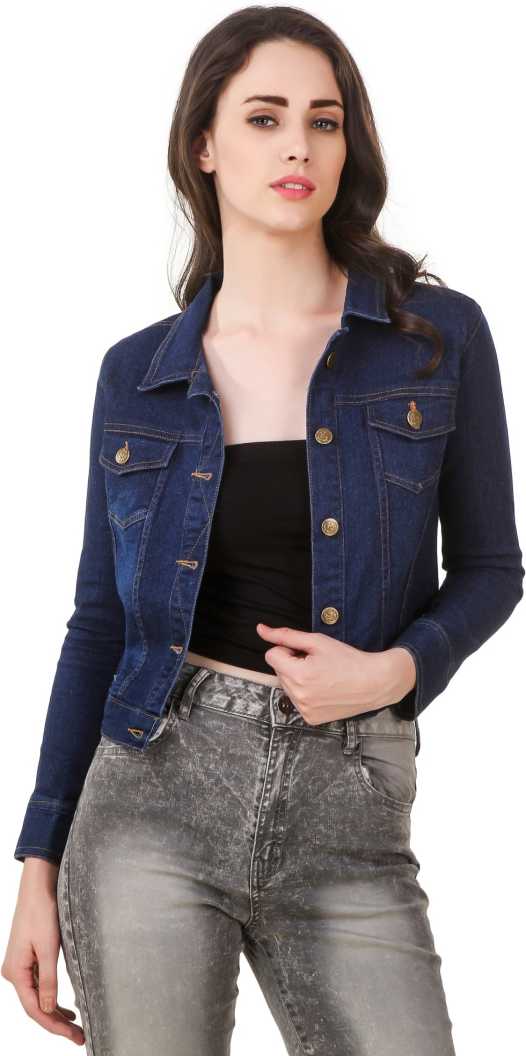 Women Dark Blue Solid Jacket - DENIMS 