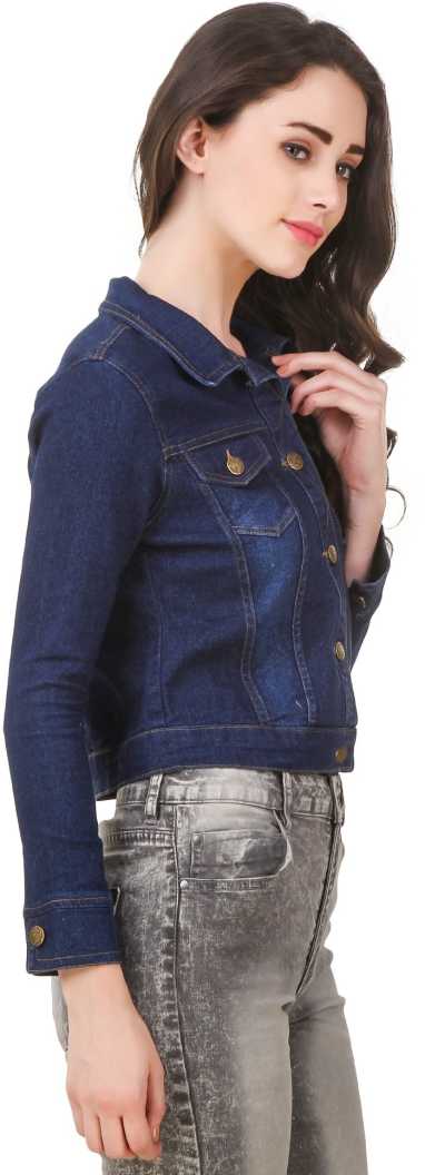 Women Dark Blue Solid Jacket - DENIMS 
