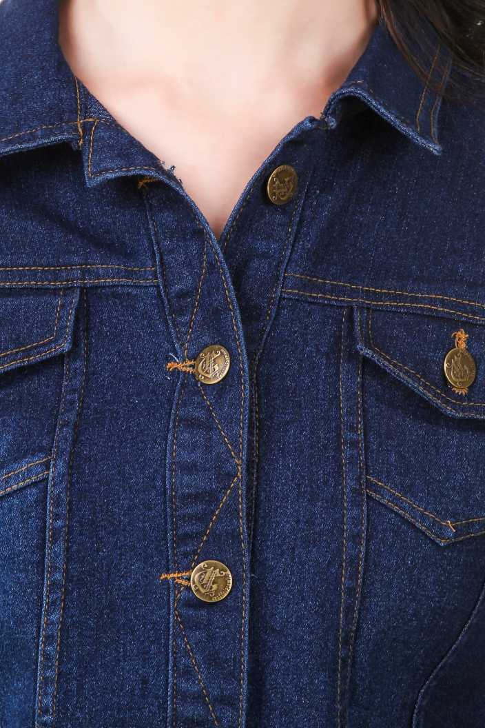Women Dark Blue Solid Jacket - DENIMS 