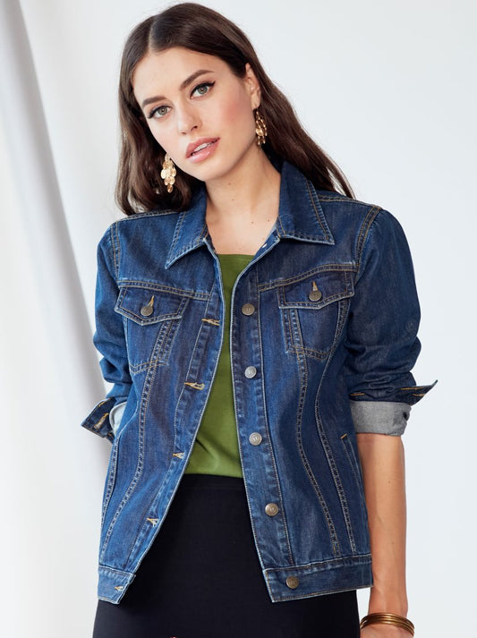 Women Dark Blue Solid Jacket - DENIMS 