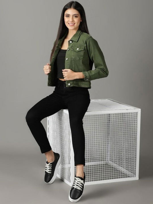 Women Olive Green Denim Jacket - DENIMS 