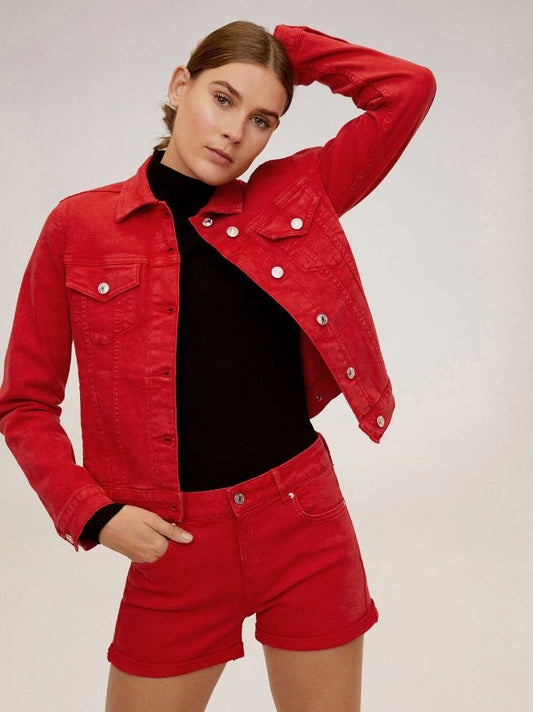 Women Red Solid Denim Jacket - DENIMS