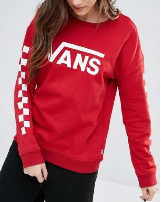 Vans Red Logo Crew Neck Sweatshirt With Checkerboard Sleeve