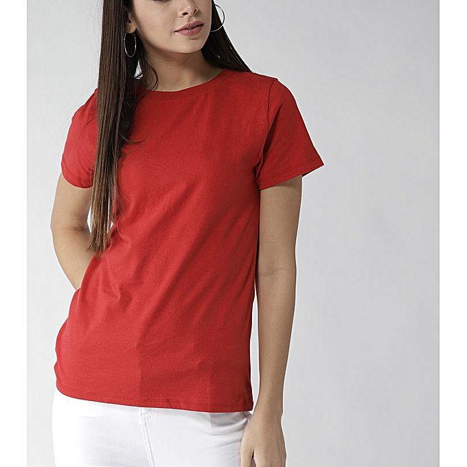 Red Cotton Basic Round Neck Half Sleeves Tshirt For Women