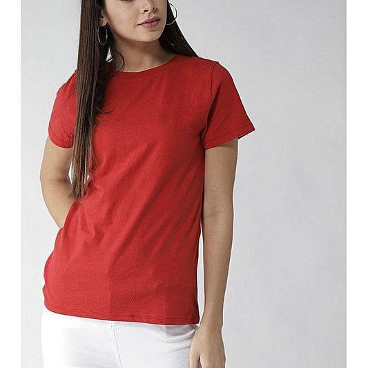 Red Cotton Basic Round Neck Half Sleeves Tshirt For Women