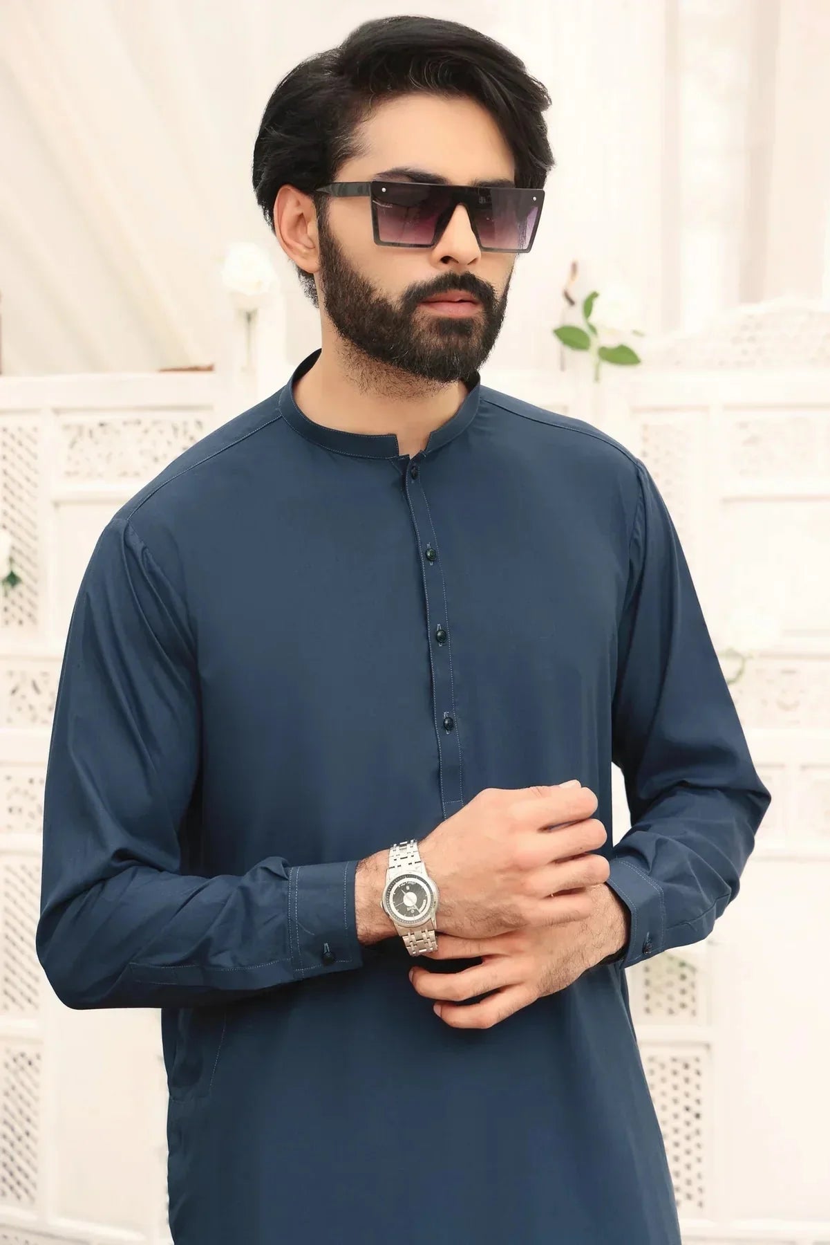 Aqua Verdant: Greenish Blue Shalwar Kameez Ensemble for Men - DENIMS - Shalwar Kameez - 