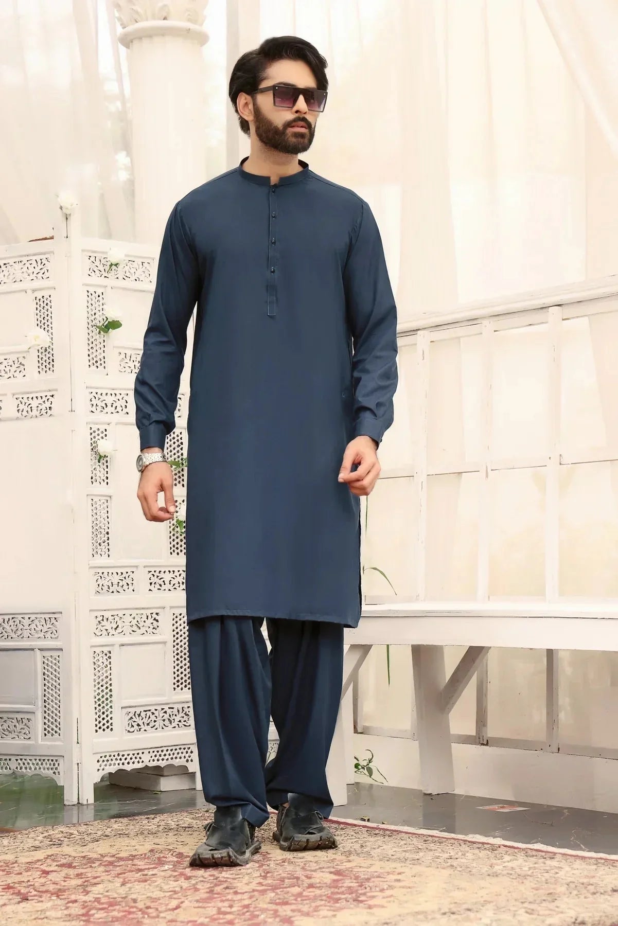 Aqua Verdant: Greenish Blue Shalwar Kameez Ensemble for Men - DENIMS - Shalwar Kameez - 
