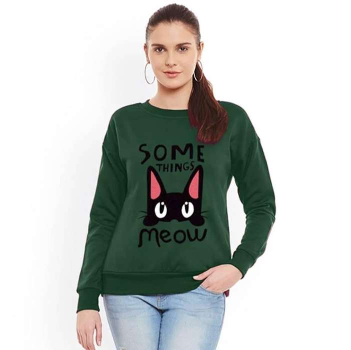 Army Green Something Meow Print Sweat Shirt SS 73 - DENIMS - Hoodies & Sweatshirts - 