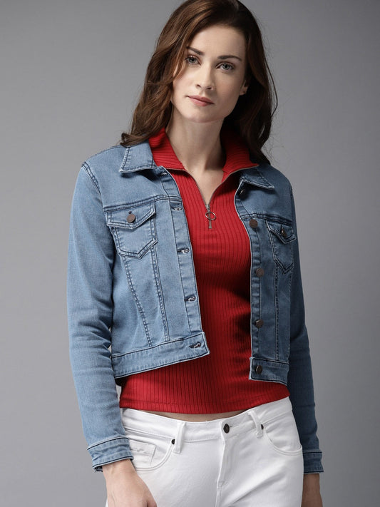 Women Blue Solid Crop Jacket