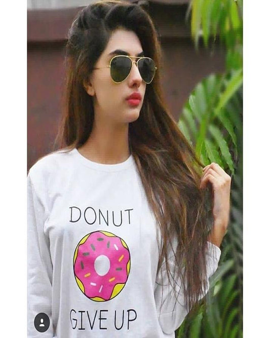 White Donut Give up Printed T-Shirt For Her