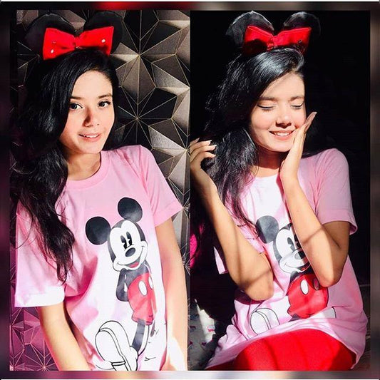 Baby Pink Micky Cotton Printed T - shirt For Womens - DENIMS - Tops & T - Shirts - 