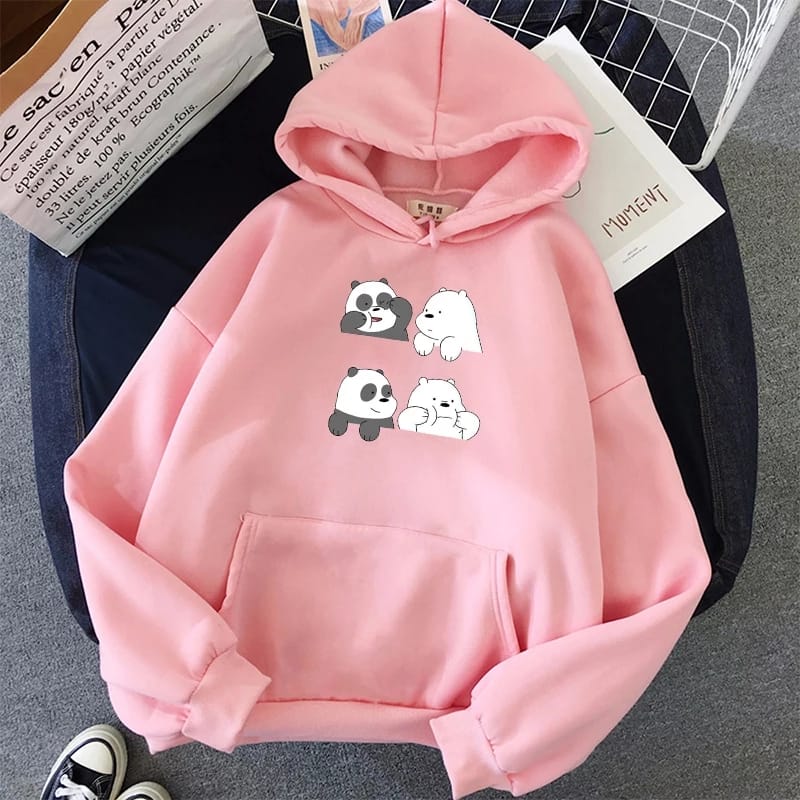Bare Bears Printed Fleece Full Sleeves Pull Over Hoodie For Women - DENIMS - Hoodies & Sweatshirts - 