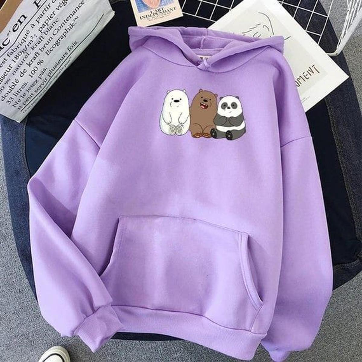 Bare Bears Purple Printed Fleece Full Sleeves Pull Over Hoodie For Women - DENIMS - Hoodies & Sweatshirts - 