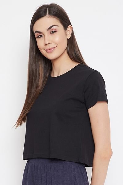 Basic Cropped Casual Tee in Black - 100% Cotton - DENIMS - Tops & T - Shirts - 