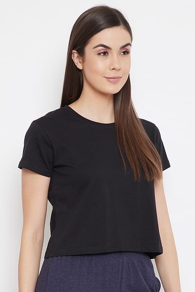 Basic Cropped Casual Tee in Black - 100% Cotton - DENIMS - Tops & T - Shirts - 