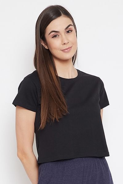 Basic Cropped Casual Tee in Black - 100% Cotton - DENIMS - Tops & T - Shirts - 