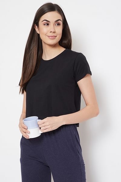 Basic Cropped Casual Tee in Black - 100% Cotton - DENIMS - Tops & T - Shirts - 