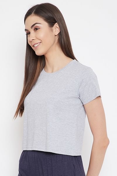 Basic Cropped Casual Tee in Grey - 100% Cotton - DENIMS - Tops & T - Shirts - 