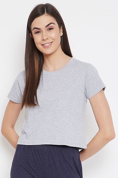 Basic Cropped Casual Tee in Grey - 100% Cotton - DENIMS - Tops & T - Shirts - 