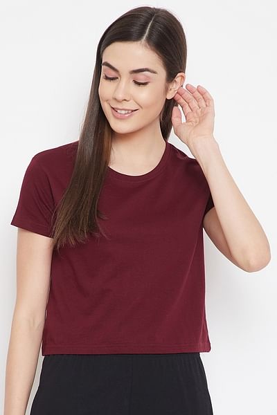 Basic Cropped Casual Tee in Maroon - 100% Cotton - DENIMS - Tops & T - Shirts - 
