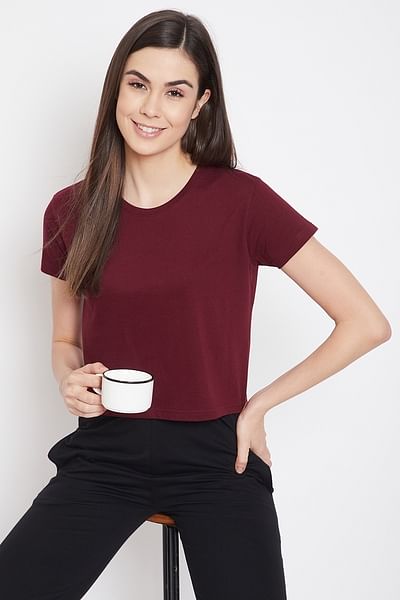 Basic Cropped Casual Tee in Maroon - 100% Cotton - DENIMS - Tops & T - Shirts - 