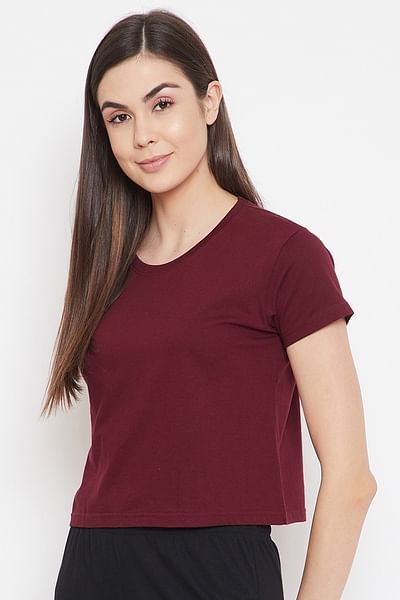 Basic Cropped Casual Tee in Maroon - 100% Cotton - DENIMS - Tops & T - Shirts - 