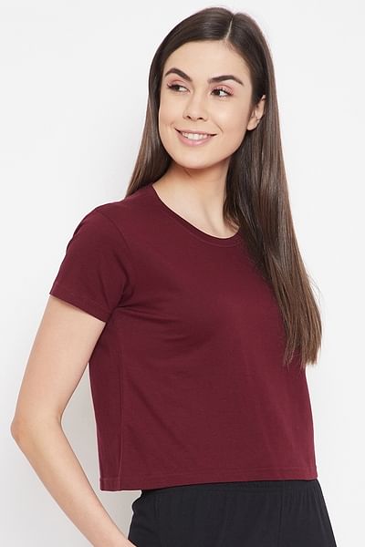 Basic Cropped Casual Tee in Maroon - 100% Cotton - DENIMS - Tops & T - Shirts - 
