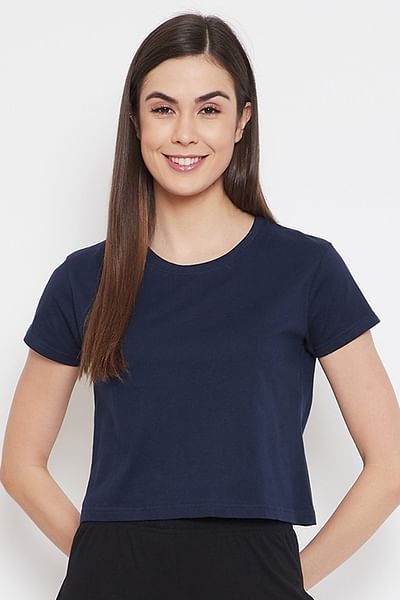 Basic Cropped Casual Tee in Navy Blue - 100% Cotton - DENIMS - Tops & T - Shirts - 