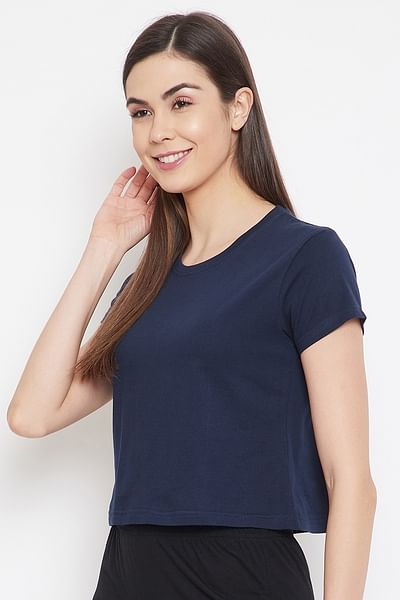 Basic Cropped Casual Tee in Navy Blue - 100% Cotton - DENIMS - Tops & T - Shirts - 
