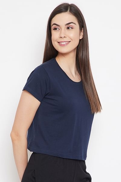 Basic Cropped Casual Tee in Navy Blue - 100% Cotton - DENIMS - Tops & T - Shirts - 
