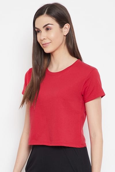 Basic Cropped Casual Tee in Red - 100% Cotton - DENIMS - Tops & T - Shirts - 