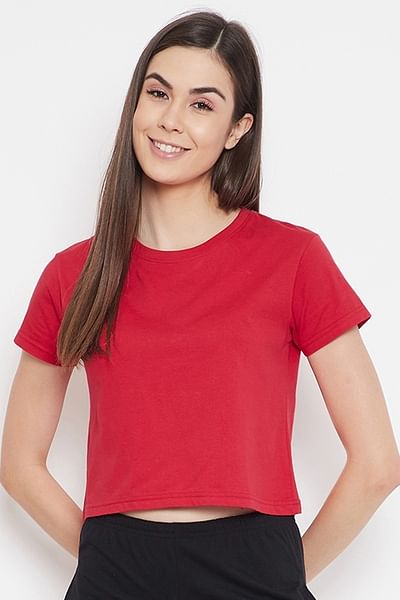 Basic Cropped Casual Tee in Red - 100% Cotton - DENIMS - Tops & T - Shirts - 
