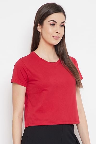 Basic Cropped Casual Tee in Red - 100% Cotton - DENIMS - Tops & T - Shirts - 