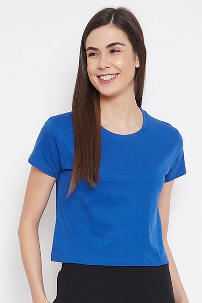 Basic Cropped Casual Tee in Royal Blue - 100% Cotton - DENIMS - Tops & T - Shirts - 