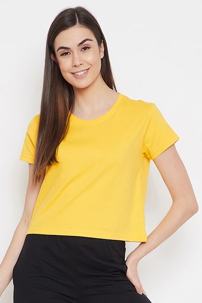Basic Cropped Casual Tee in Yellow - 100% Cotton - DENIMS - Tops & T - Shirts - 