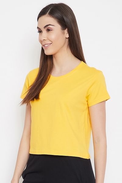 Basic Cropped Casual Tee in Yellow - 100% Cotton - DENIMS - Tops & T - Shirts - 
