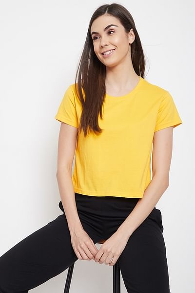 Basic Cropped Casual Tee in Yellow - 100% Cotton - DENIMS - Tops & T - Shirts - 
