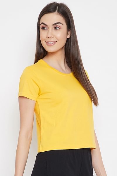 Basic Cropped Casual Tee in Yellow - 100% Cotton - DENIMS - Tops & T - Shirts - 