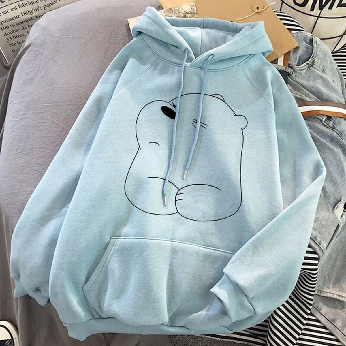 Bear Sky Blue Fleece Full Sleeves Pull Over Hoodie For Women - DENIMS - Hoodies & Sweatshirts - 