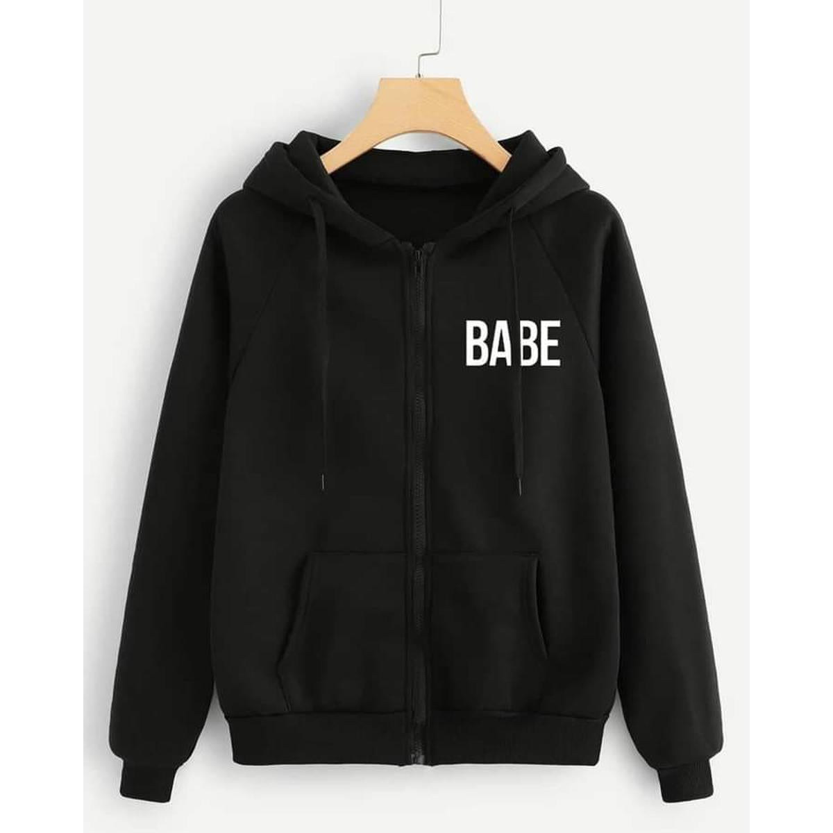 Black Babe Fleece Full Sleeves Zipper Hoodie For Women - DENIMS - Hoodies & Sweatshirts - 