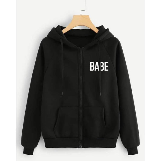 Black Babe Fleece Full Sleeves Zipper Hoodie For Women - DENIMS - Hoodies & Sweatshirts - 