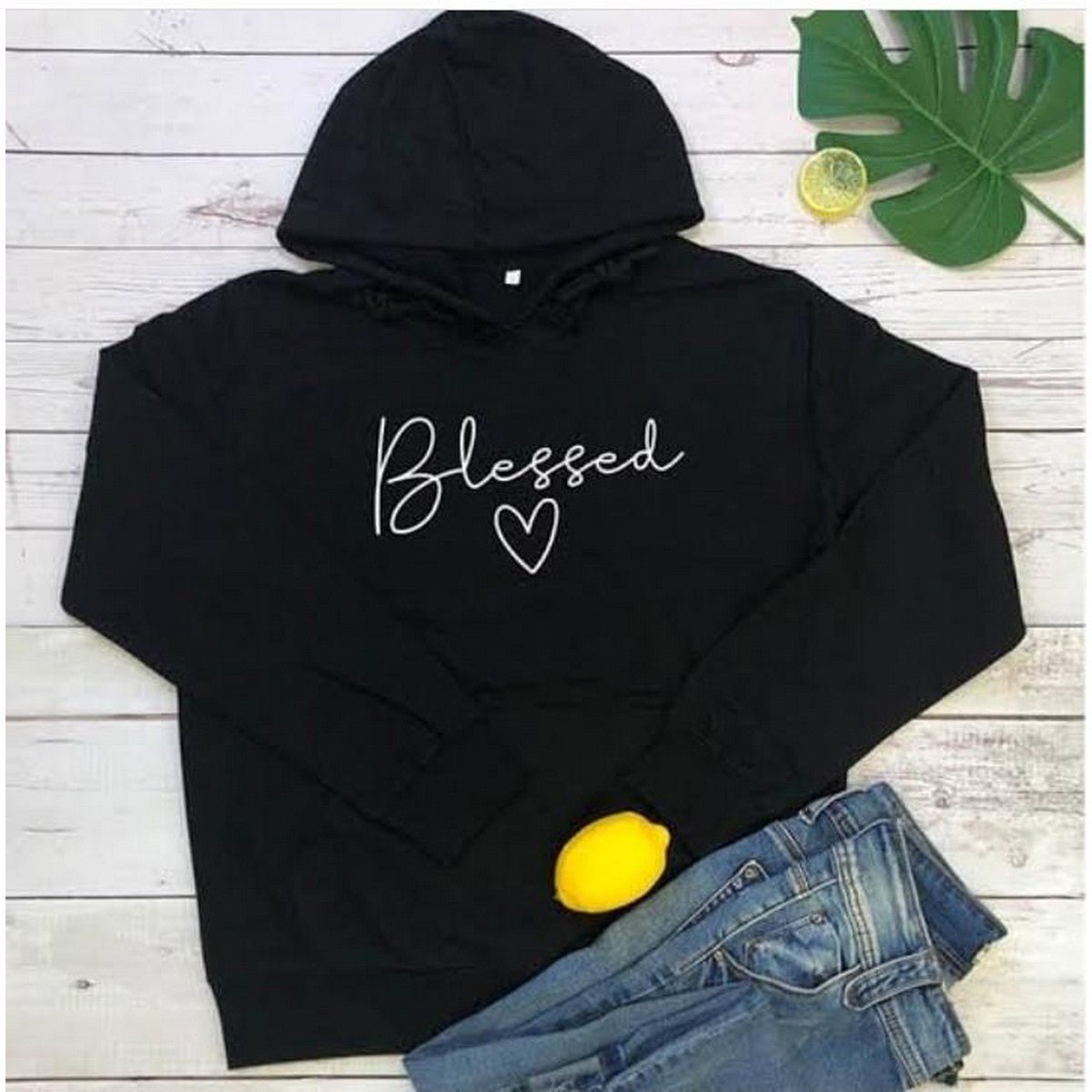 Black Blessed Printed Fleece Full Sleeves Pull Over Hoodie For Women - DENIMS - Hoodies & Sweatshirts - 
