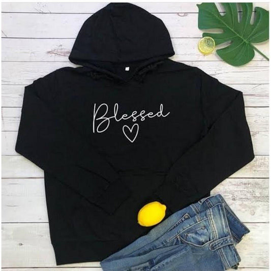Black Blessed Printed Fleece Full Sleeves Pull Over Hoodie For Women - DENIMS - Hoodies & Sweatshirts - 