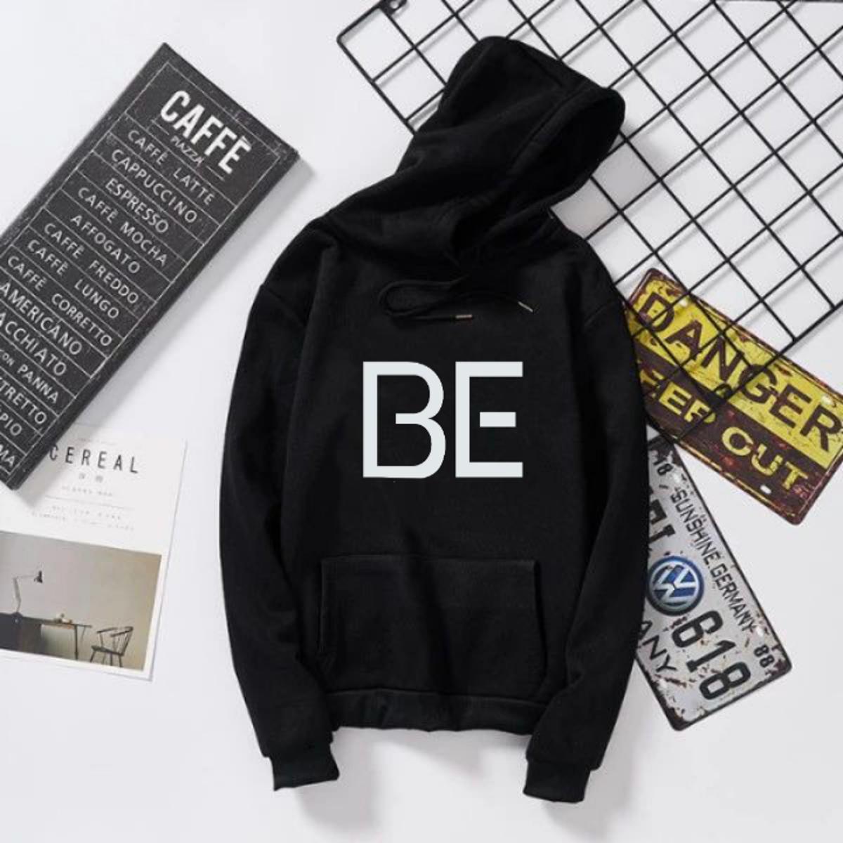 Black BTS BE Printed Fleece Full Sleeves Export Quality Pull Over Hoodie For Women & Men - DENIMS - Hoodies & Sweatshirts - 