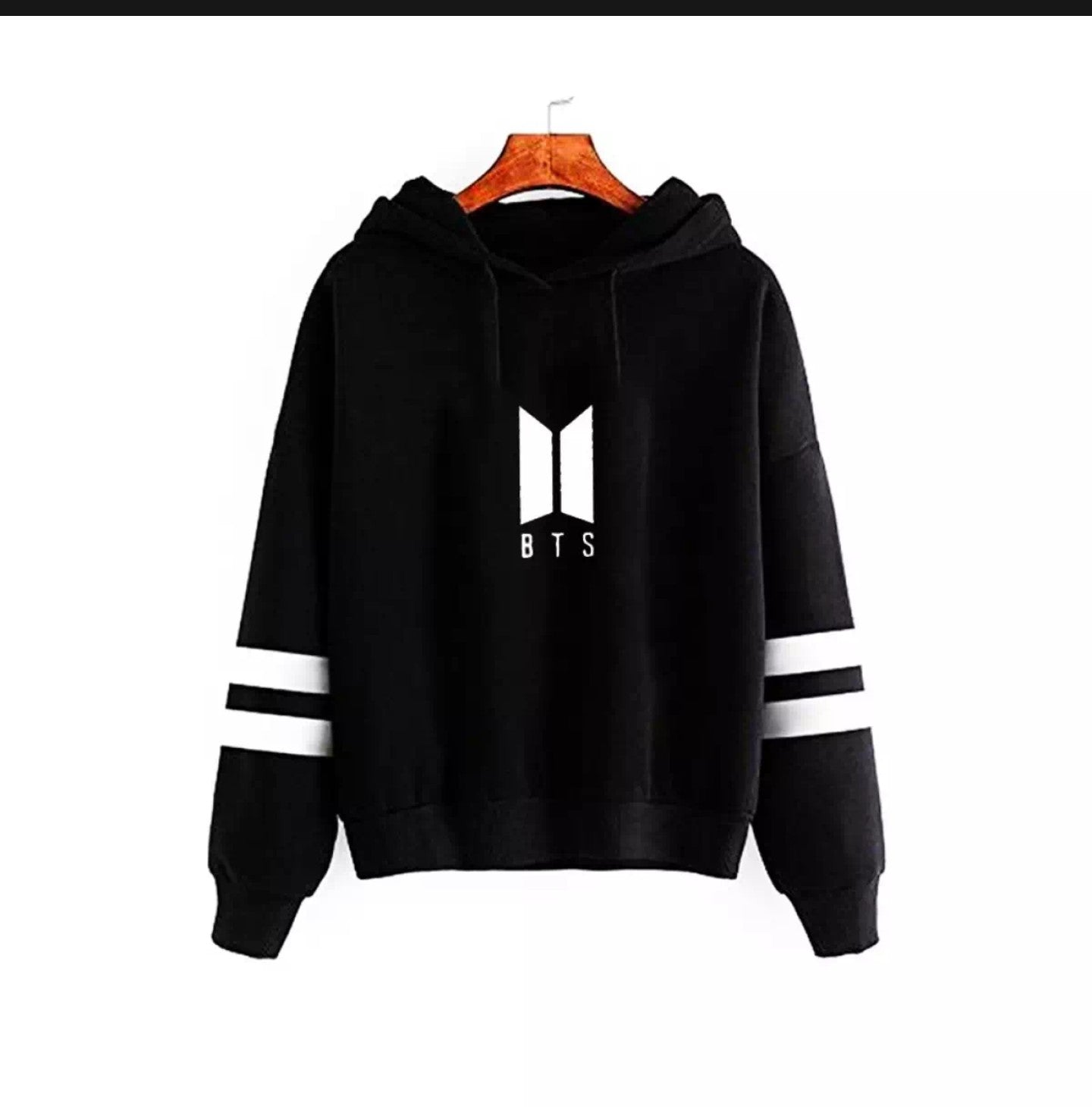 Black Bts Fleece Full Sleeves Pull Over Hoodie For Women - DENIMS - Hoodies & Sweatshirts - 